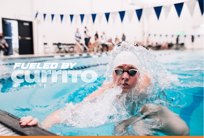 A man with goggles and a swimmer's cap reaches the edge of a swimming pool. Overlayed next to him is the text: Fueled by Currito Athlete.