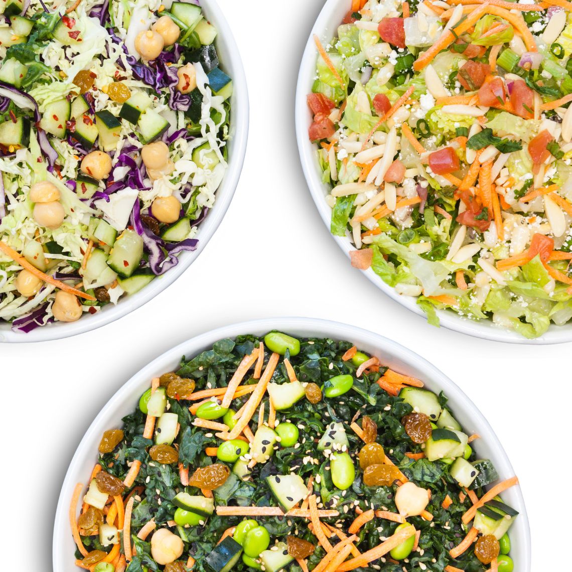 Variety of three salads in bowls